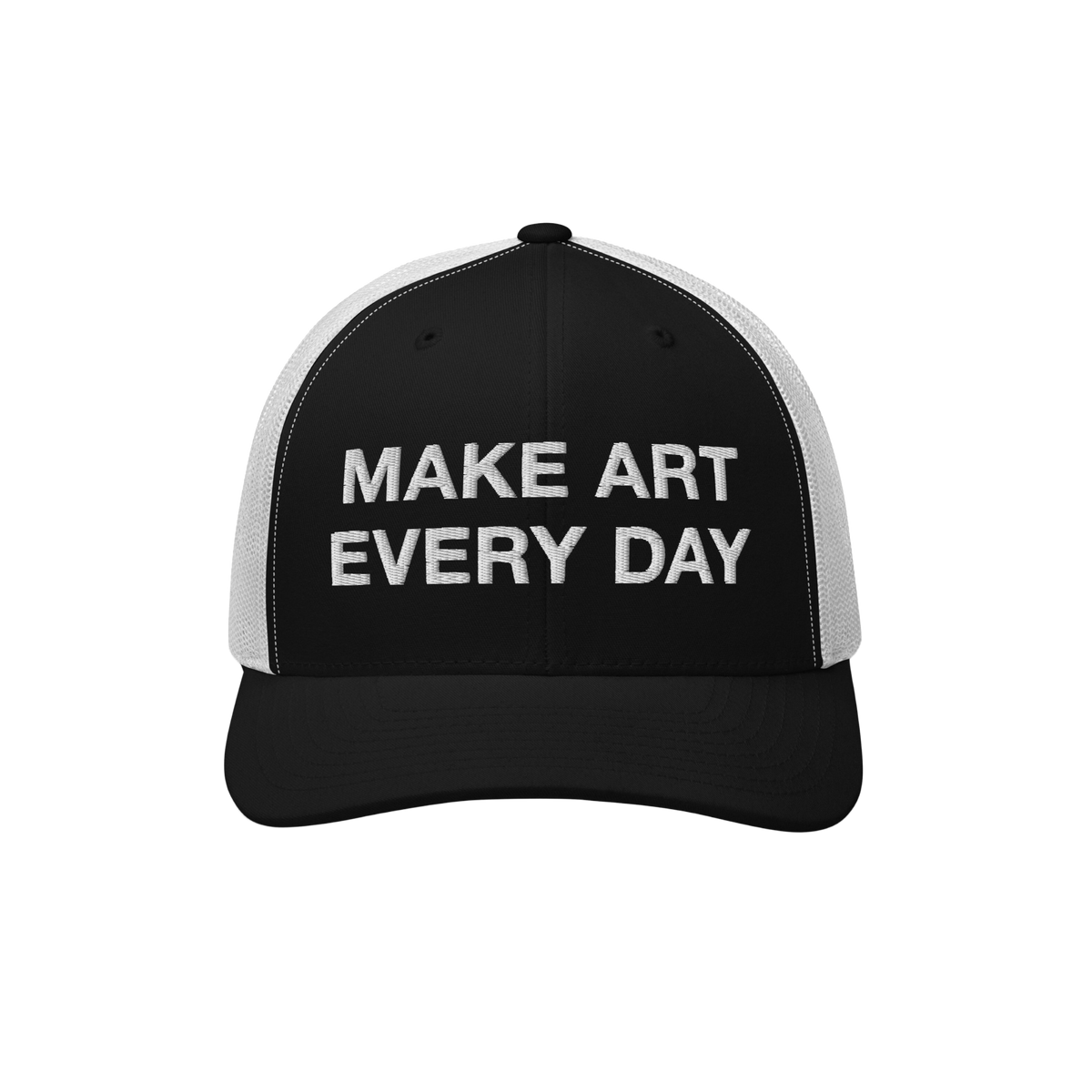The Make Art Every Day Hat features a black-and-white mesh-back design with a black front panel, embroidered with “MAKE ART