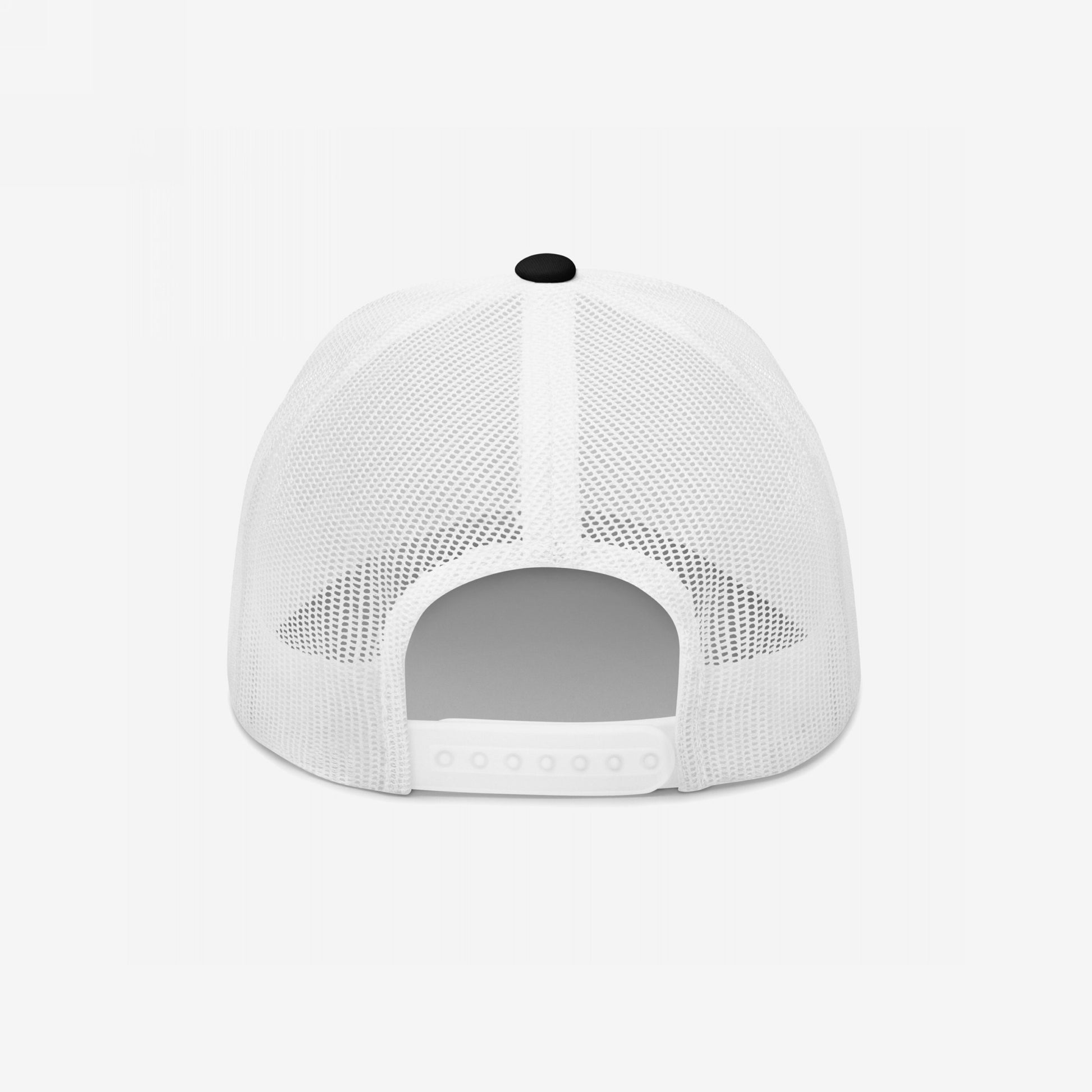 Back view of the Make Art Every Day Hat, a white mesh trucker-style cap featuring a snap-back adjuster and EGOPROOF embroidery, highlighting a mantra for creativity and persistence.