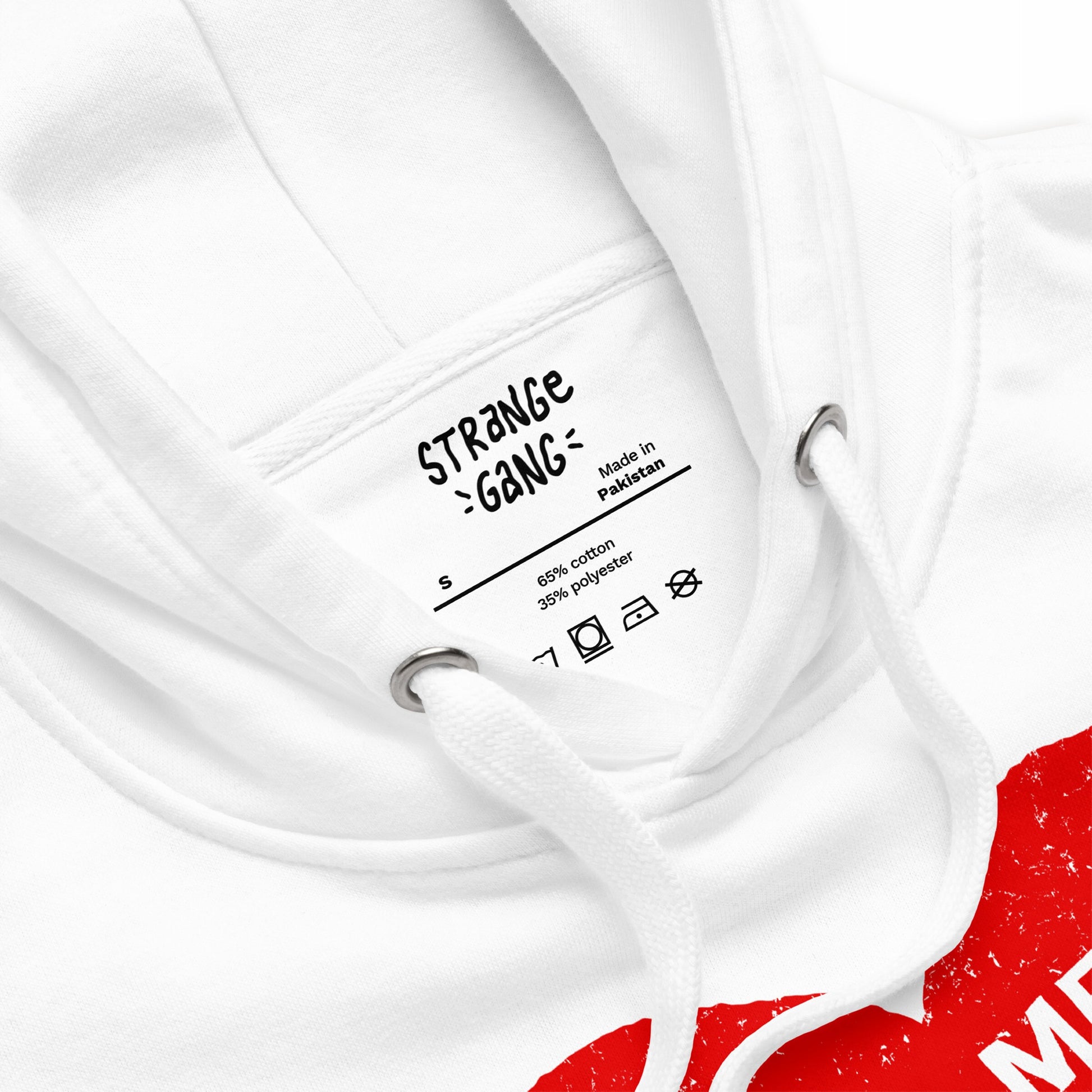 Close-up of the No Hate Hoodie EU, showcasing a white hoodie with a red heart graphic and the phrase “Hating Me Won’t Solve Your Problems,” metal eyelet drawcords, and a cozy fleece interior.
