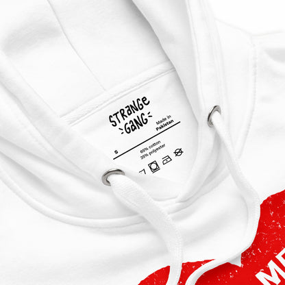 Close-up of the No Hate Hoodie EU, showcasing a white hoodie with a red heart graphic and the phrase “Hating Me Won’t Solve Your Problems,” metal eyelet drawcords, and a cozy fleece interior.