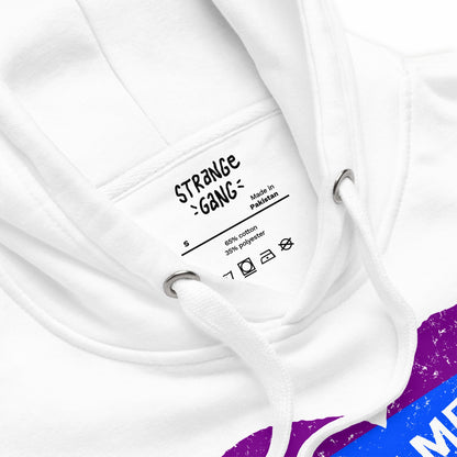 Close-up of the No LGBTQ Hate Hoodie EU, showing its collar with interior label, white drawstrings, and part of a distressed rainbow heart graphic, symbolizing resilience and pride.