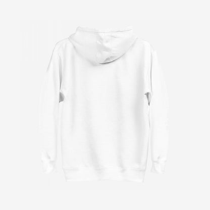 Back view of the No Trans Hate Hoodie EU, showcasing its plain white design with a hood, sleeves, and waist hem. Perfect for trans folks and allies, it embodies resilience and conviction.