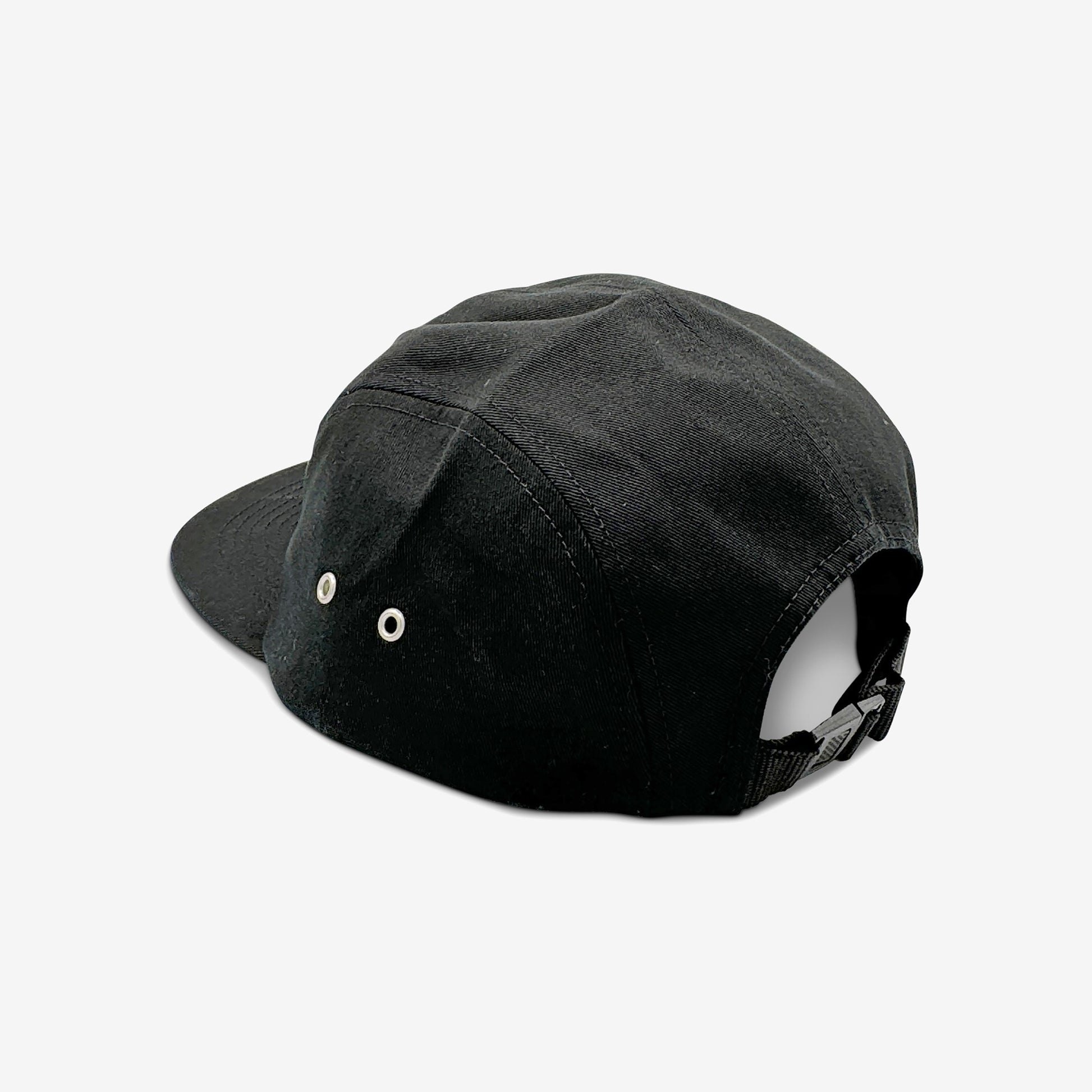 Parks Camper Hat: A sleek, black cap with a low-profile, 5-panel design, featuring a woven EGOPROOF label and adjustable strap, ideal for urban adventures or nature excursions.