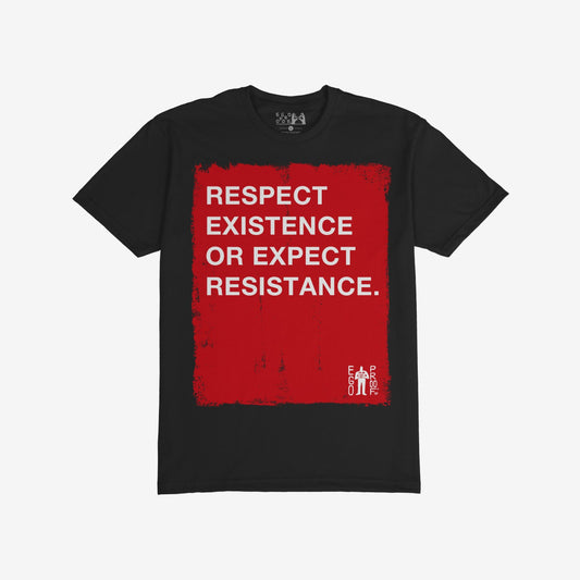 Black Respect Existence T-shirt featuring bold red square with Respect Existence or Expect Resistance in white. Designed by Egoproof, it conveys a powerful statement for those defending rights.