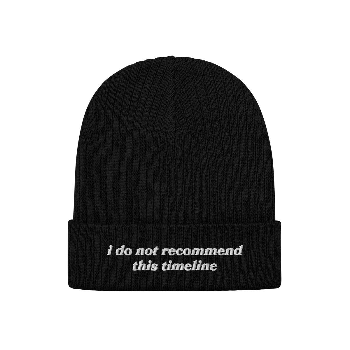 A black rib-knit Timeline Hat with a folded cuff, featuring white embroidered text: “i do not recommend this timeline.” P