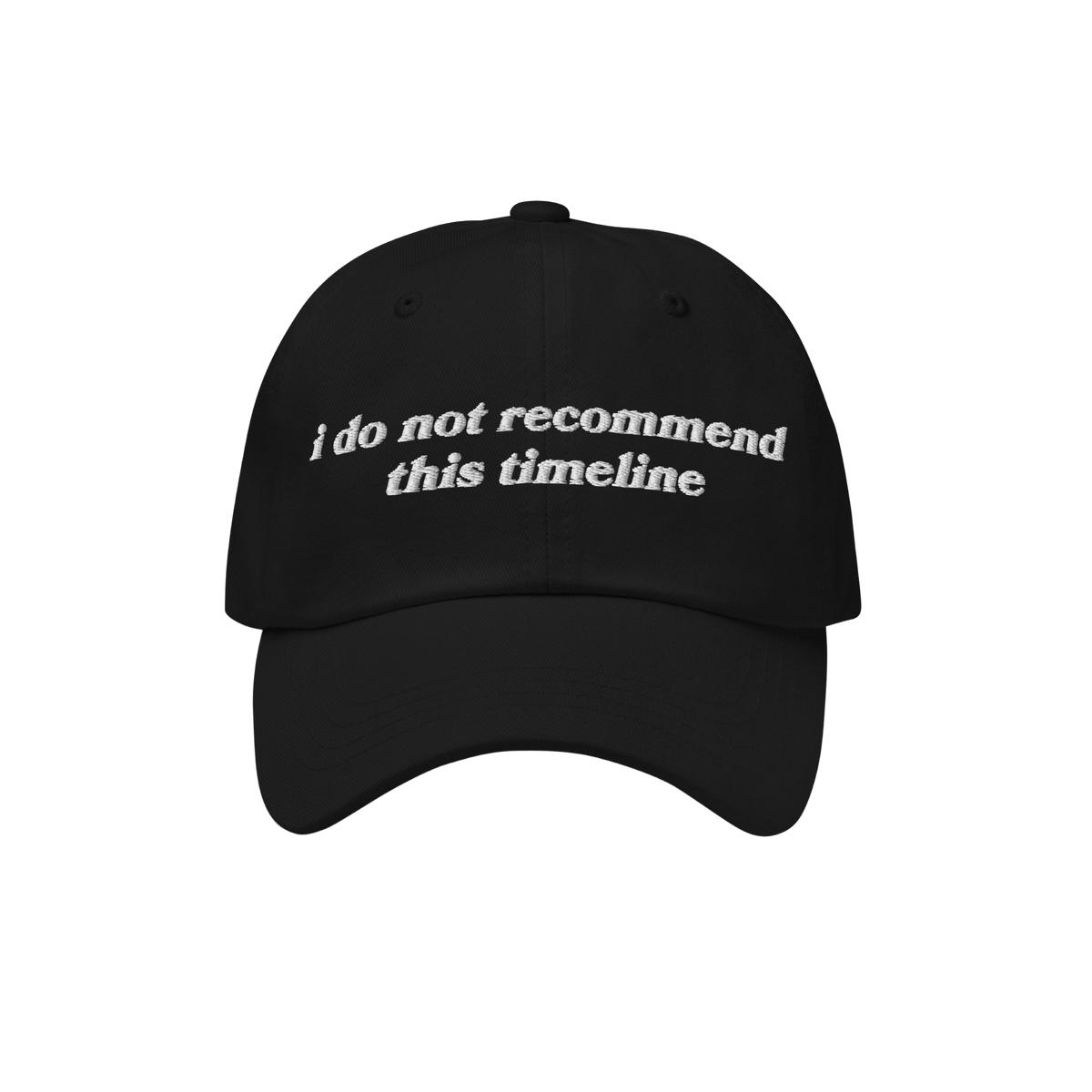 The Timeline Hat features a black, six-panel design with a curved brim, showcasing white embroidered text, i do not recommend