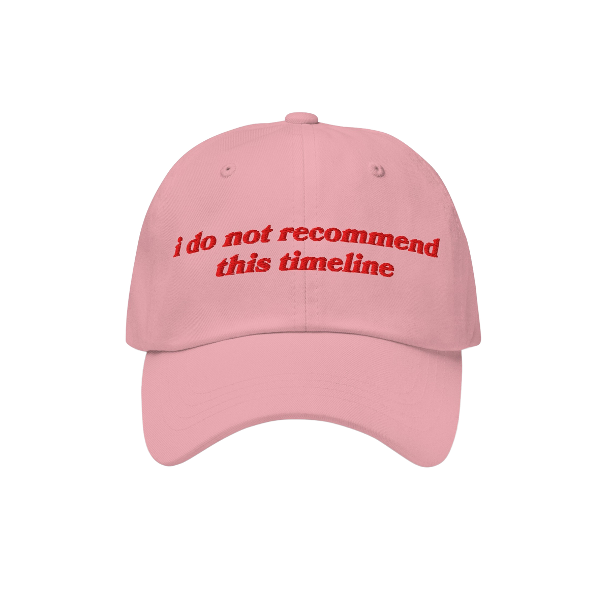 Light-pink dad hat with red embroidery reads “i do not recommend this timeline.” A playful yet poignant statement piece f