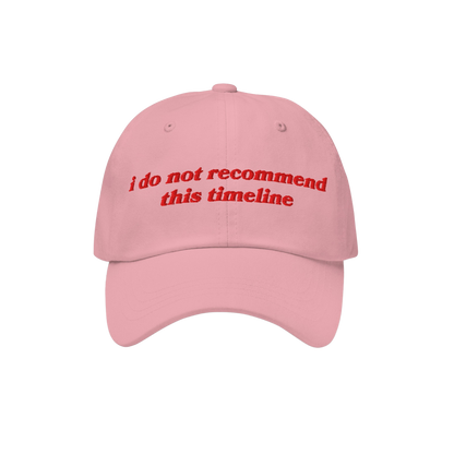 Light-pink dad hat with red embroidery reads “i do not recommend this timeline.” A playful yet poignant statement piece f