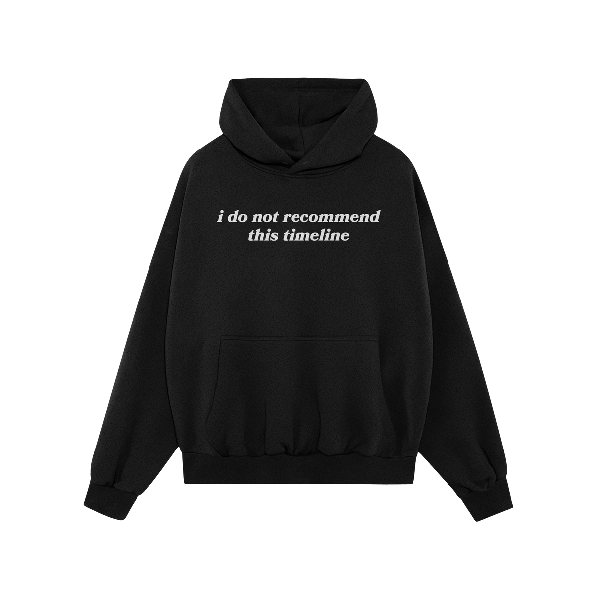 Black midweight Hoodie with white text "i do not recommend this timeline" front center, regular fit unisex Timeline Hoodie.