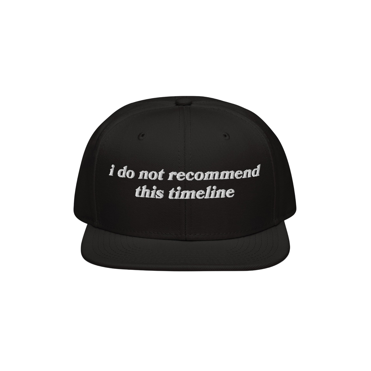 Black snapback cap with white embroidery reading I Do Not Recommend This Timeline, symbolizing modern chaos. Ideal for irony 